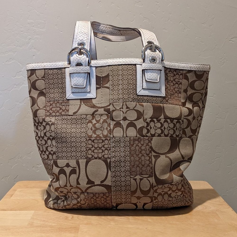 Coach Signature canvas tote with white leather